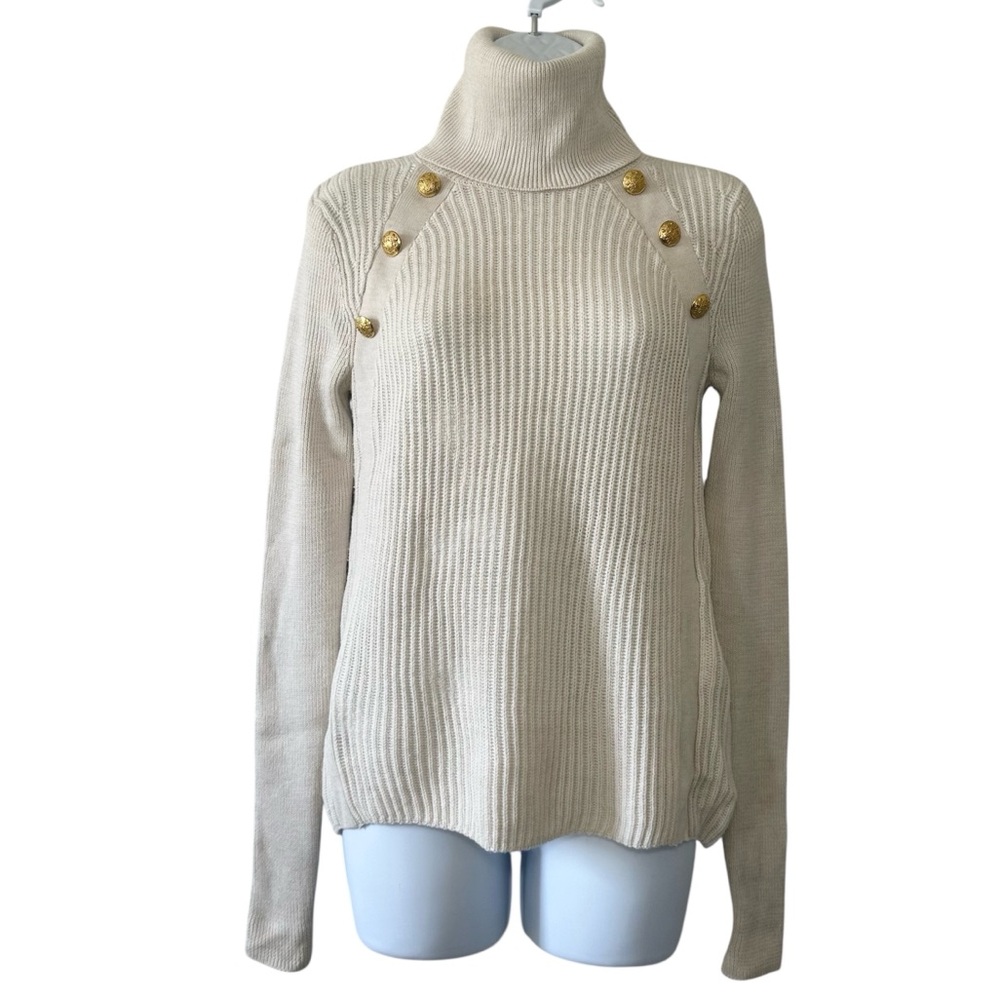 Veronica Beard Women’s Oatmeal Button Trim 100% Merino Wool Turtleneck- Small